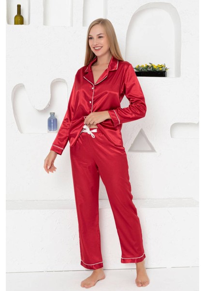 Faryanight Ipek Saten Uzun Kollu Biyeli Düğmeli Gömlek Pijama Takımı