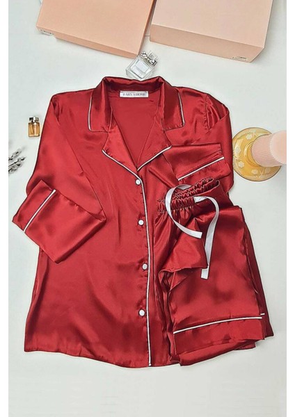 Faryanight Ipek Saten Uzun Kollu Biyeli Düğmeli Gömlek Pijama Takımı modelleri