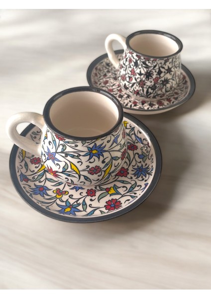 Dekoratif Çini Tasarım, Lale ve Karanfil Işlemeli Çay Kahve Fincanı Seti 2 Kişilik