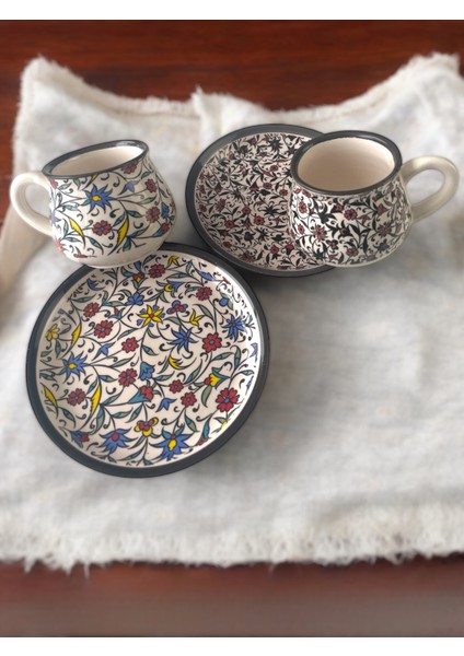 Dekoratif Çini Tasarım, Lale ve Karanfil Işlemeli Çay Kahve Fincanı Seti 2 Kişilik