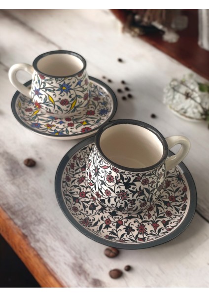 Dekoratif Çini Tasarım, Lale ve Karanfil Işlemeli Çay Kahve Fincanı Seti 2 Kişilik