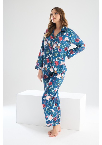 Faryanight Ipek Saten Uzun Kollu Çiçek Desenli Biyeli Gömlek Pijama Takımı