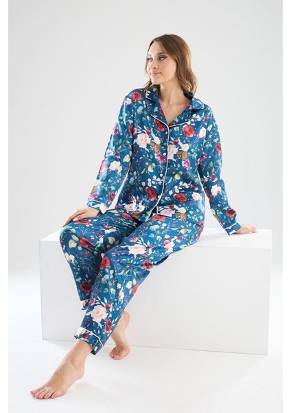 Faryanight Ipek Saten Uzun Kollu Çiçek Desenli Biyeli Gömlek Pijama Takımı