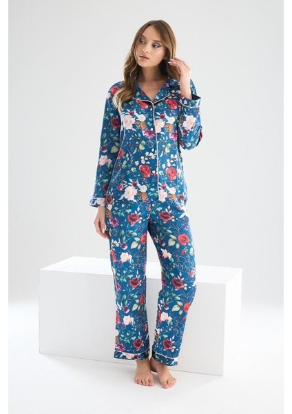 Faryanight Ipek Saten Uzun Kollu Çiçek Desenli Biyeli Gömlek Pijama Takımı