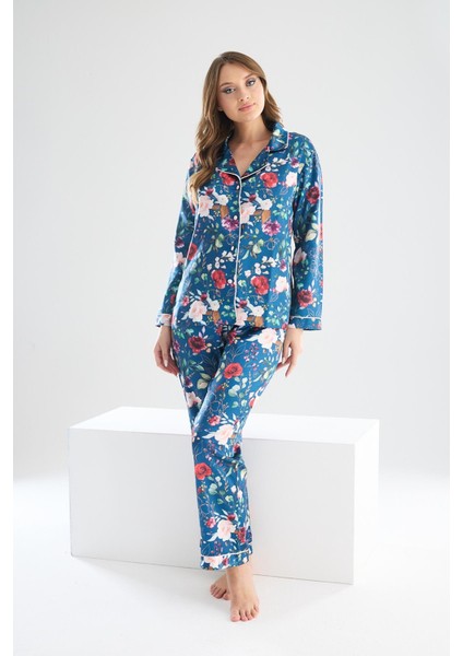 Faryanight Ipek Saten Uzun Kollu Çiçek Desenli Biyeli Gömlek Pijama Takımı