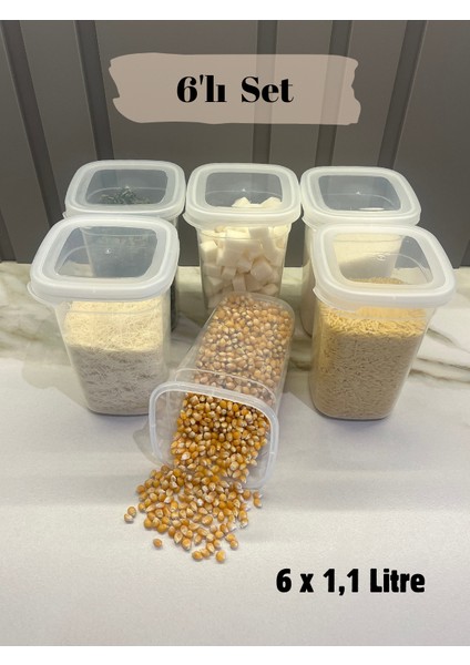 6'lı Set Dikdörtgen Saklama Kabı 1.1 Lt. Kapaklı Şeffaf, Erzak Kabı