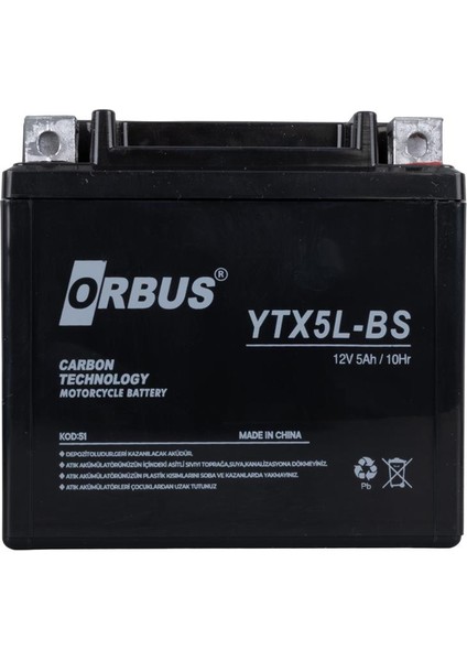 YTX5L-BS 12V 5A Motosiklet Aküsü (114 x 70 x 106 Mm) (1.8kg)