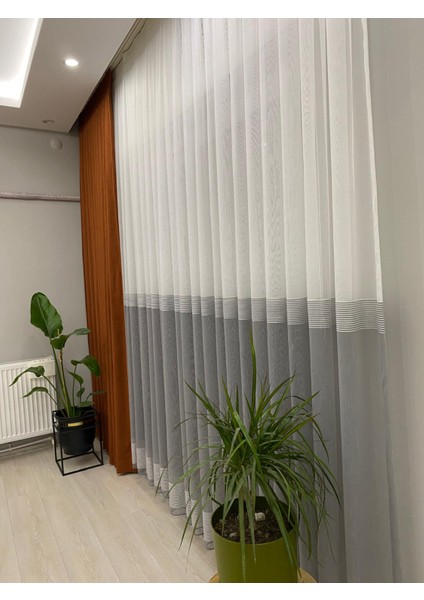 Ebru Bantlı Iki Renkli 1/2,5 Orta Normal Pileli Tül Perde Ekru-Antrasit Gri Renk