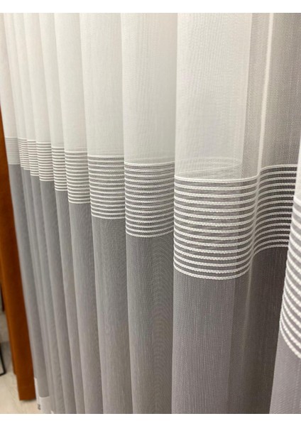 Ebru Bantlı Iki Renkli 1/2,5 Orta Normal Pileli Tül Perde Ekru-Antrasit Gri Renk fırsatları