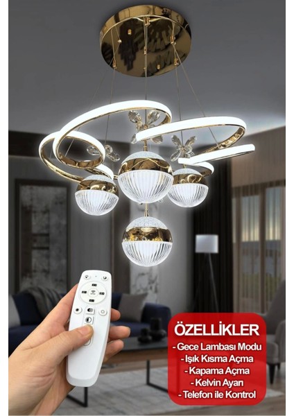 3 Renk Kumandalı Modern Sarkıt 4 Toplu Kelebekli Ledli Salon Avize Gold