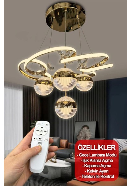 3 Renk Kumandalı Modern Sarkıt 4 Toplu Kelebekli Ledli Salon Avize Gold