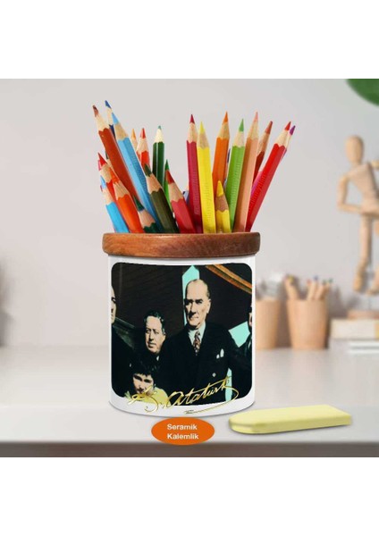 Ülkü ile Balkonda Mustafa Kemal Atatürk Ahşap Seramik Kalemlik-7 fiyatları