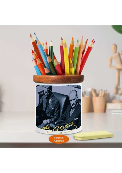 Mustafa Kemal Atatürk Portre Ahşap Seramik Kalemlik -S306