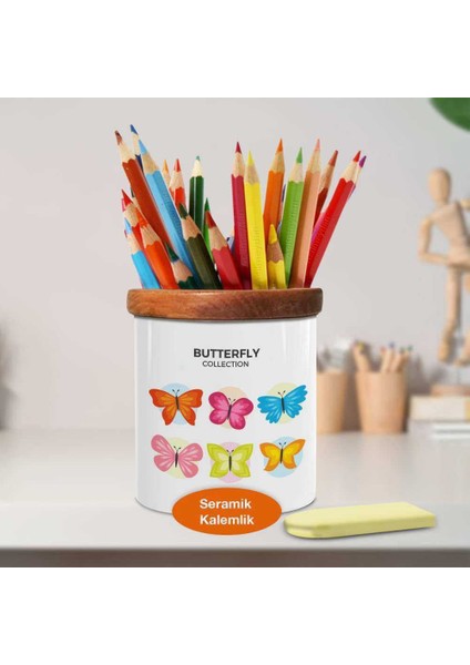 Rengarenk Uçuşan Kelebekler Ahşap Seramik KALEMLIK-2148053957