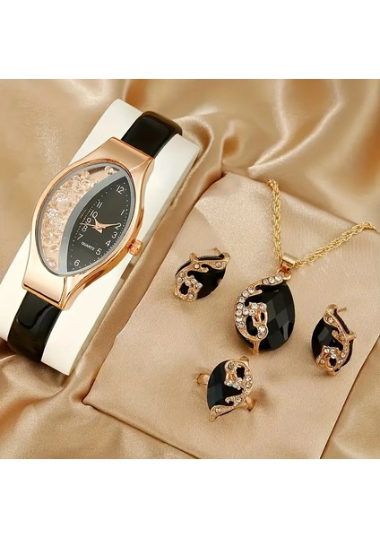 Elegant Kadın Kuvars Saat ve Kolye+Küpe+Yüzük 5li Takı Seti,