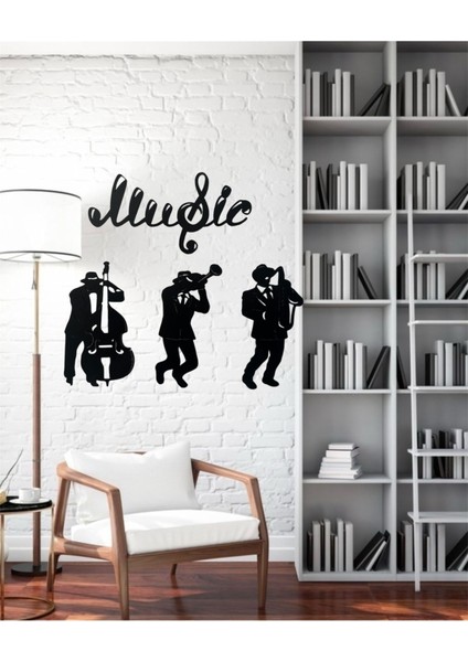 Ahşap Siyah Üçlü Jazz Grup Dekoratif Duvar Dekoru Saksofon - Kontrbas - Trompet