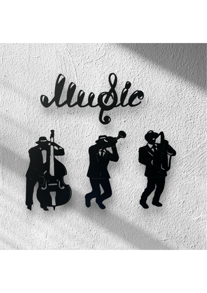 Ahşap Siyah Üçlü Jazz Grup Dekoratif Duvar Dekoru Saksofon - Kontrbas - Trompet modelleri