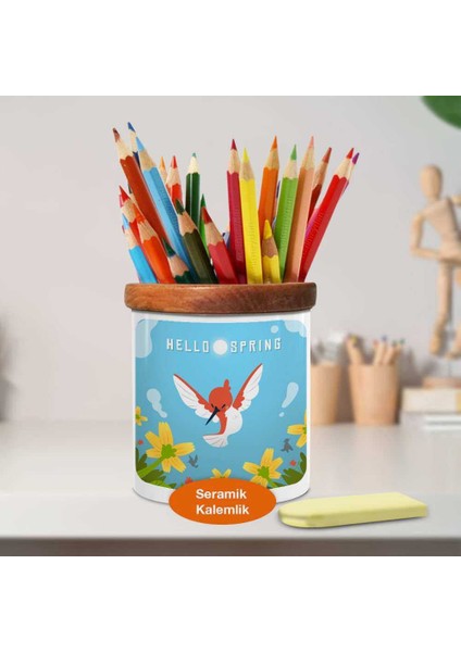 Sarı Çiçekler ve Uçan Kuş Ahşaplı Seramik Kalemlik -2148065345