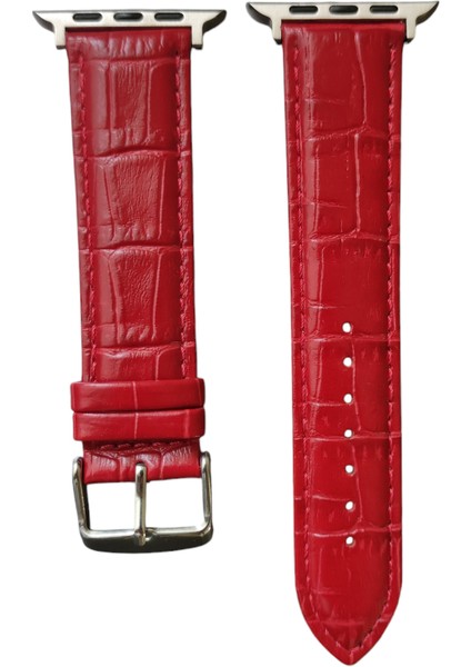 Apple Watch ( Seri 10 - 42 mm Uyumlu) Deri Kordon Ateş Kırmızı