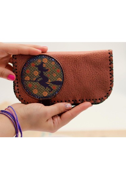 Cadı Figürlü Büyük Cüzdan Etnik Bohem Retro Vintage Style - Taba