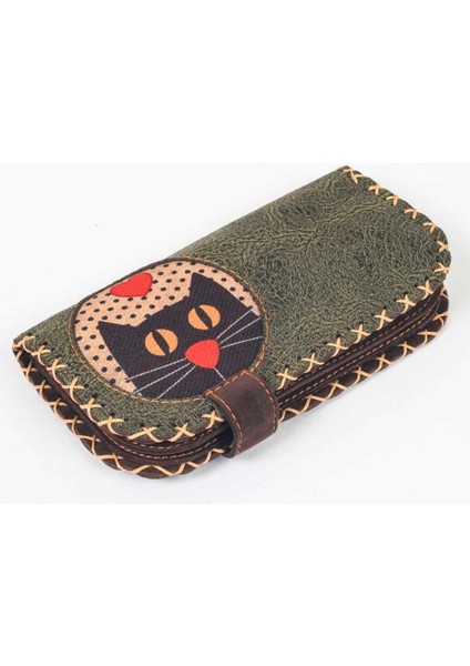 Kedi Aşkı Figürlü Büyük Cüzdan Etnik Bohem Retro Vintage Style - Yesil