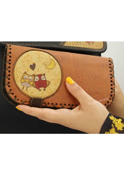 Baykuş Figürlü Büyük Cüzdan Etnik Bohem Retro Vintage Style - Taba