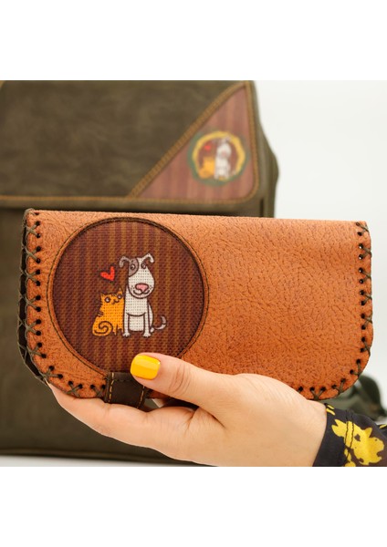 Kedi ve Köpek Figürlü Büyük Cüzdan Etnik Bohem Retro Vintage Style - Taba