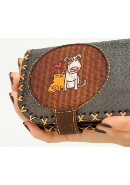 Kedi ve Köpek Figürlü Büyük Cüzdan Etnik Bohem Retro Vintage Style - Antrasit modelleri