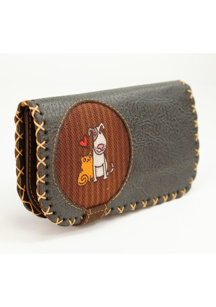 Kedi ve Köpek Figürlü Büyük Cüzdan Etnik Bohem Retro Vintage Style - Antrasit fırsatları