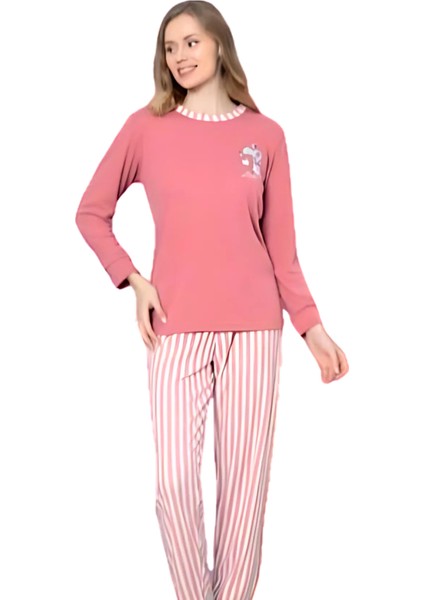 Love Kalp Desenli Pamuk Kadın Pijama Takımı (Pembe)