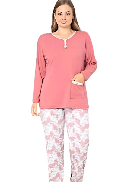 Büyük Beden Desenli Pamuk Kadın Pijama Takımı (Pudra)