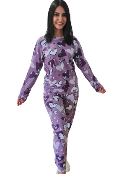 Kalp Desenli Kadın Polar Peluş Pijama Takımı (Mor)