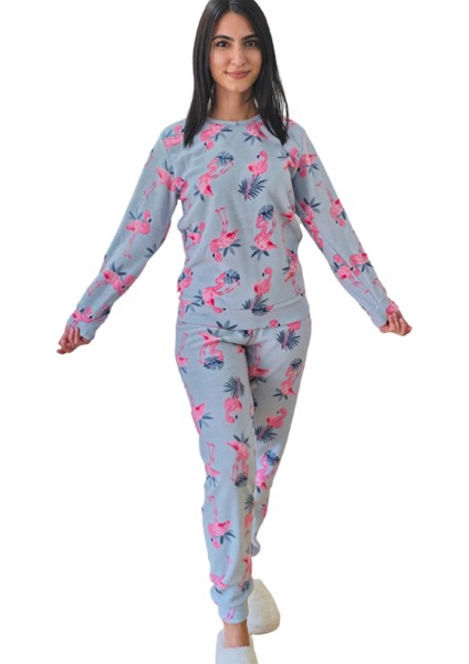 Flamingo Desenli Kadın Polar Peluş Pijama Takımı (Yeşil)