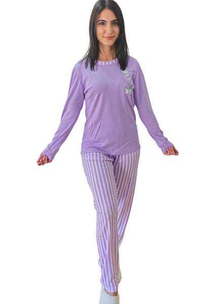 Sweet Kalp Desenli Pamuk Kadın Pijama Takımı (Eflatun)