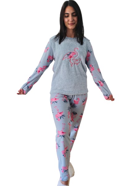 Happy Days Flamingo Desenli Kadın Polar Peluş Pijama Takımı (Yeşil)