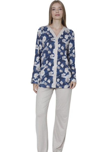 Viskon Desenli Lacivert Pijama Takımı %100 Pamuk