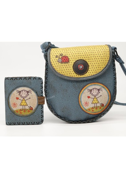 Cin Ayşe Figürlü Tasarımlı Capraz Örgulu Kol Cantası Petrol ve Cuzdan Petrol Kombin