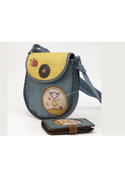 Cin Ayşe Figürlü Tasarımlı Capraz Örgulu Kol Cantası Petrol ve Cuzdan Petrol Kombin indirimleri