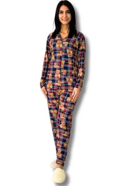 Kadın Teddy Bear Ayıcık Desenli Süet Düğmeli Pijama Takımı (Lacivert-Kırmızı)