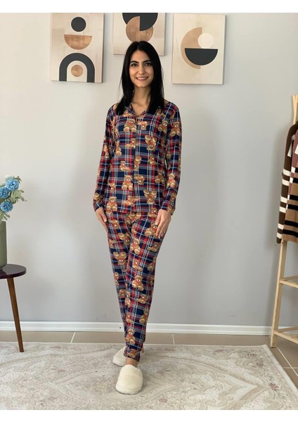 Kadın Teddy Bear Ayıcık Desenli Süet Düğmeli Pijama Takımı (Lacivert-Kırmızı) fiyatları