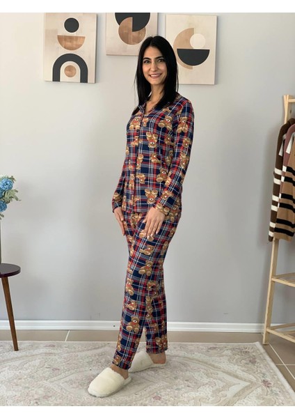 Kadın Teddy Bear Ayıcık Desenli Süet Düğmeli Pijama Takımı (Lacivert-Kırmızı) modelleri