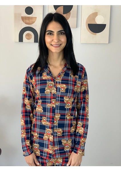 Kadın Teddy Bear Ayıcık Desenli Süet Düğmeli Pijama Takımı (Lacivert-Kırmızı) indirimleri