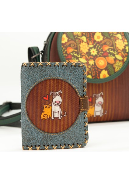 Kedi ve Köpek Figürlü Küçük Cüzdan Etnik Bohem Retro Style -Petrol