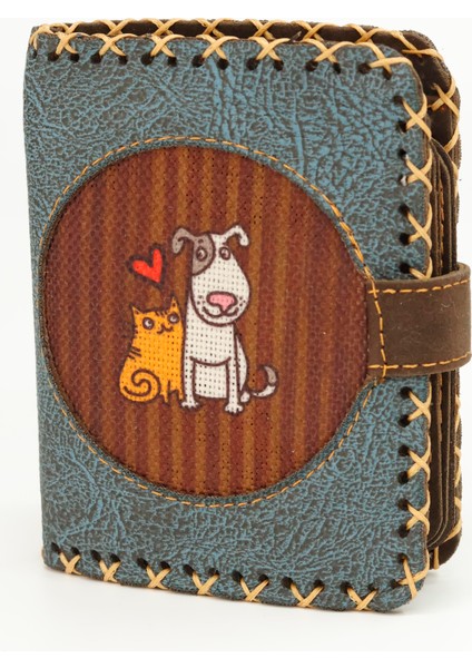 Kedi ve Köpek Figürlü Küçük Cüzdan Etnik Bohem Retro Style -Petrol indirimleri