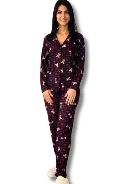 Kadın Teddy Bear Ayıcık Desenli Süet Düğmeli Pijama Takımı (Kırmızı-Lacivert)