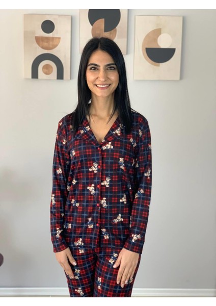 Kadın Teddy Bear Ayıcık Desenli Süet Düğmeli Pijama Takımı (Kırmızı-Lacivert) fiyatları