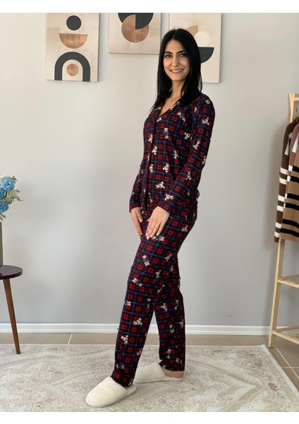 Kadın Teddy Bear Ayıcık Desenli Süet Düğmeli Pijama Takımı (Kırmızı-Lacivert) modelleri