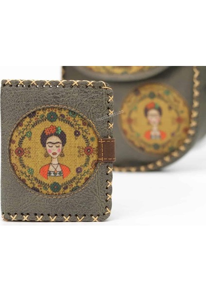 Frida Figürlü Tasarımlı Capraz Örgulu Kol Cantası Yesil ve Cuzdan Yesil Kombin