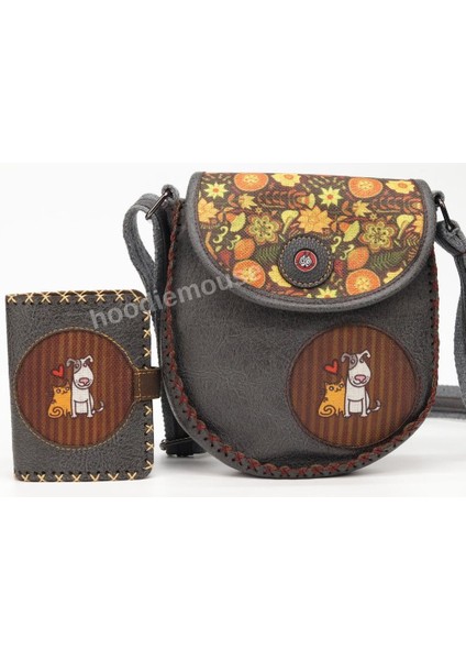 Kedi ve Köpek Figürlü Tasarımlı Capraz Örgulu Kol Cantası Antrasit ve Cuzdan Antrasit Kombin