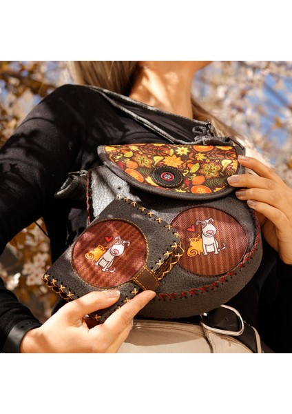 Kedi ve Köpek Figürlü Tasarımlı Capraz Örgulu Kol Cantası Antrasit ve Cuzdan Antrasit Kombin fiyatları